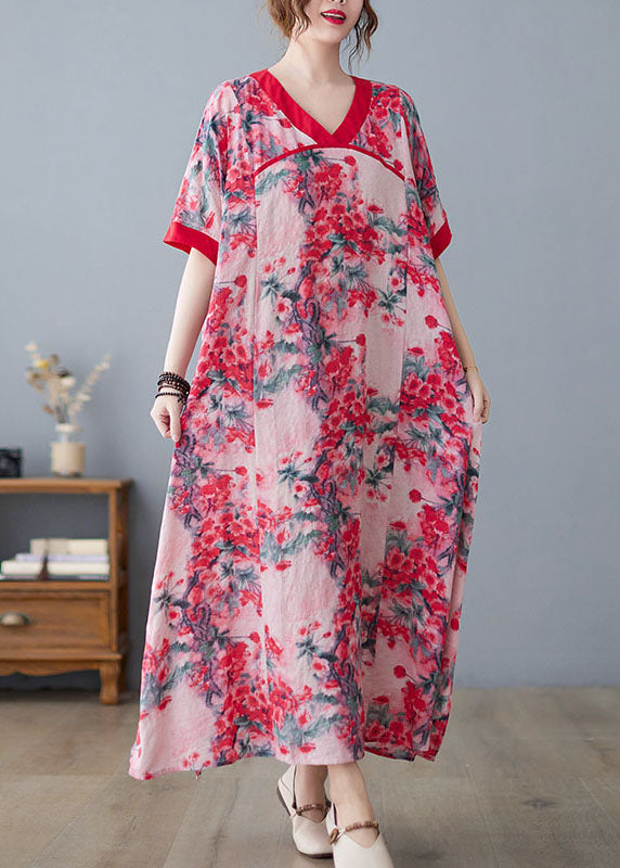 Bohemian Pink V Neck Print Cotton Linen A Line Dress Short Sleeve