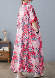 Bohemian Pink V Neck Print Cotton Linen A Line Dress Short Sleeve