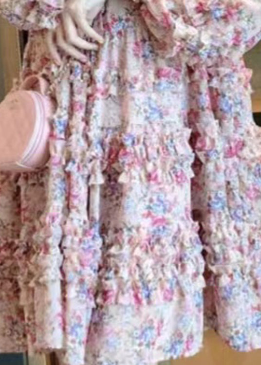 Bohemian Pink V Neck Print Patchwork Ruffled Mid Dress Long Sleeve