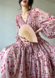 Bohemian Pink V Neck Print Patchwork Ruffles Silk Dresses Spring