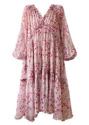Bohemian Pink V Neck Print Patchwork Ruffles Silk Dresses Spring