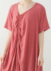 Bohemian Pink Wrinkled V Neck Cotton Party Dress Short Sleeve
