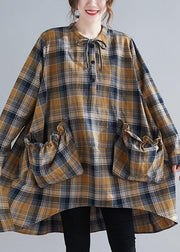 Bohemian Plaid Shirts O Neck Asymmetric Plus Size Clothing Spring Top - SooLinen