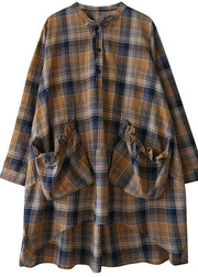Bohemian Plaid Shirts O Neck Asymmetric Plus Size Clothing Spring Top - SooLinen