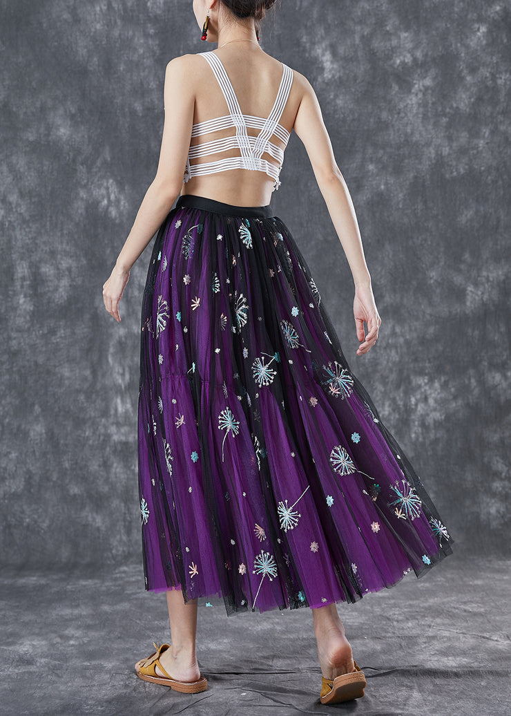 Bohemian Purple Dandelion Embroidered Wear On Both Sides Tulle Skirt Summer