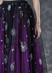 Bohemian Purple Dandelion Embroidered Wear On Both Sides Tulle Skirt Summer