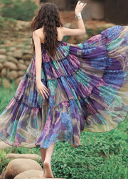 Bohemian Purple Drawstring Wrinkled Patchwork Print Chiffon Skirt Summer