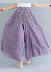 Bohemian Purple Elastic Waist Linen Wide Leg Pants Summer