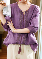 Bohemian Purple Embroidered Zircon Patchwork Linen Tops Summer