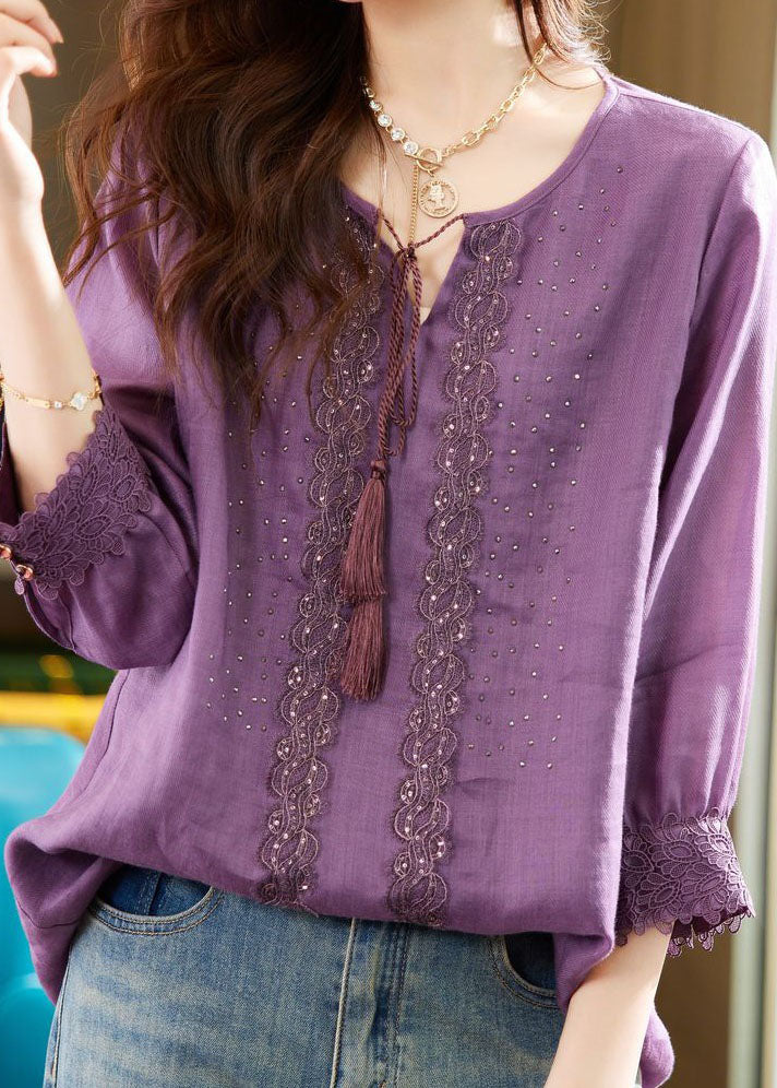 Bohemian Purple Embroidered Zircon Patchwork Linen Tops Summer