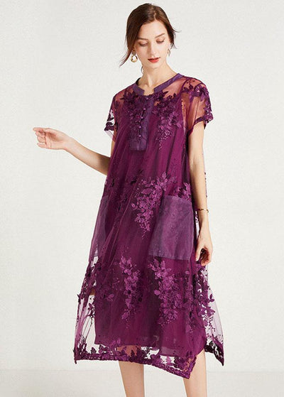 Bohemian Purple Fashion O-Neck A Line Summer Short Sleeve Two Pieces Set - SooLinen
