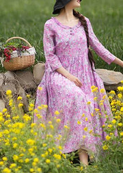 Bohemian Purple Print Quilting Dresses O Neck Ruffles Maxi Summer Dress - SooLinen