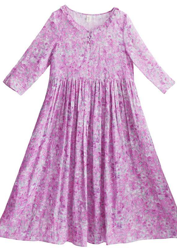 Bohemian Purple Print Quilting Dresses O Neck Ruffles Maxi Summer Dress - SooLinen