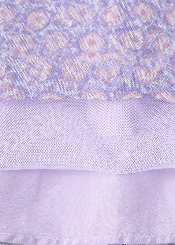 Bohemian Purple Print Wrinkled Elastic Waist Tulle Pleated Skirt Summer