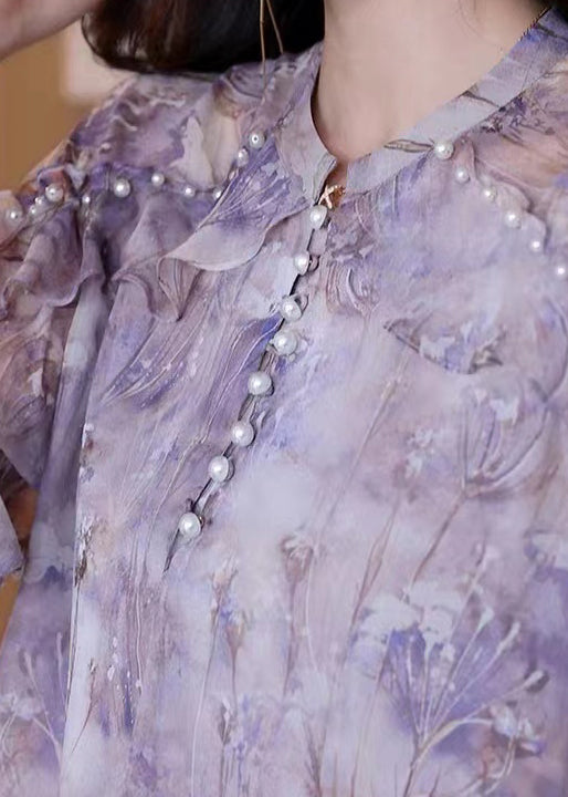 Bohemian Purple Ruffled Print Nail Bead Chiffon Shirt Top Spring