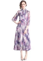Bohemian Purple Stand Collar Print Chiffon Long Dress Bracelet Sleeve