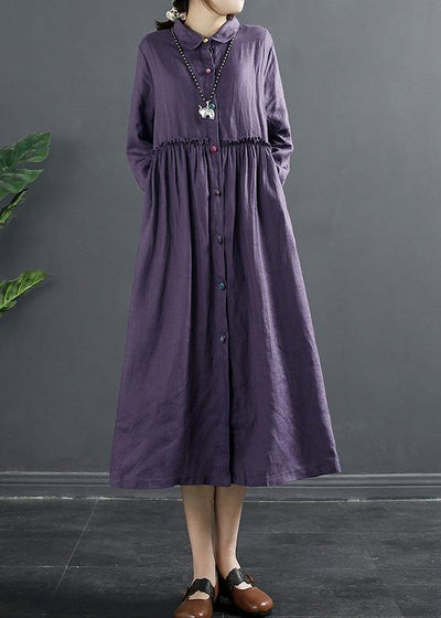 Bohemian Purple Tunic Pattern Lapel Ruffles Long Dress - SooLinen