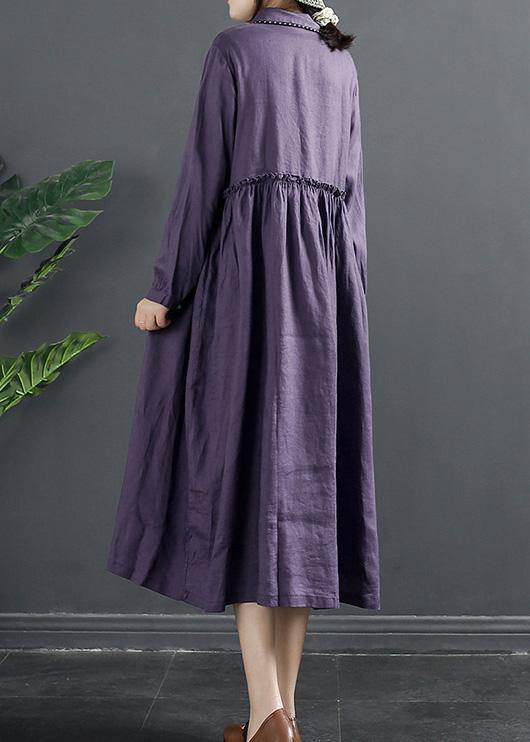 Bohemian Purple Tunic Pattern Lapel Ruffles Long Dress - SooLinen