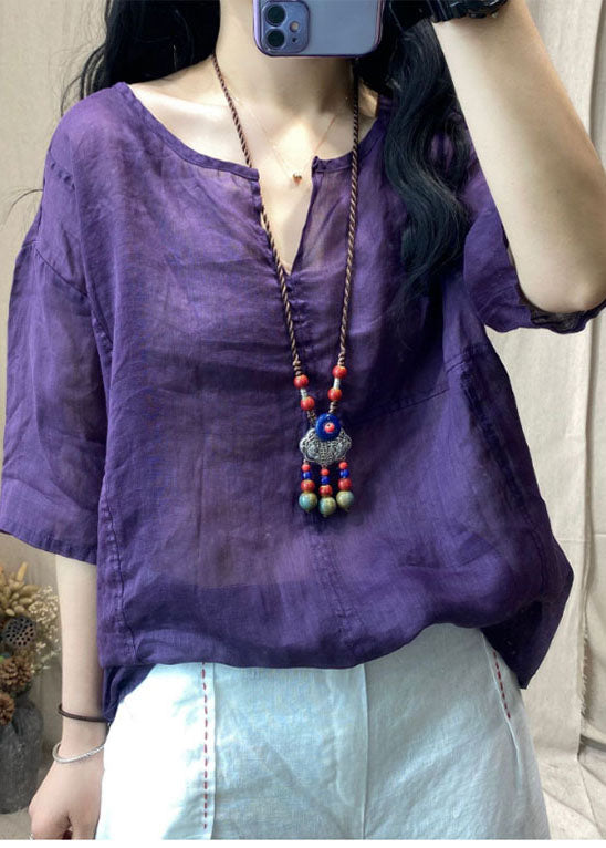 Bohemian Purple V Neck Patchwork Linen Tops Short Sleeve
