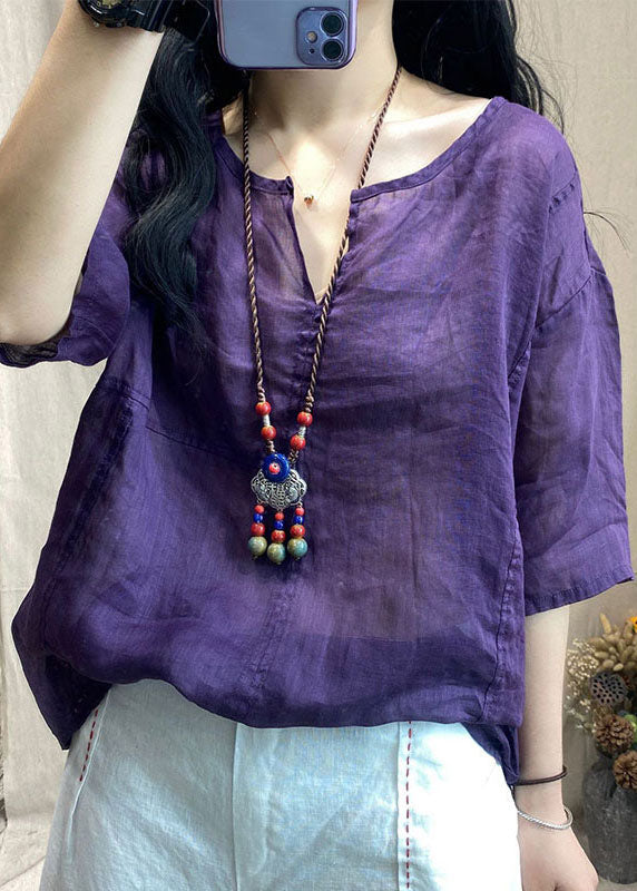 Bohemian Purple V Neck Patchwork Linen Tops Short Sleeve