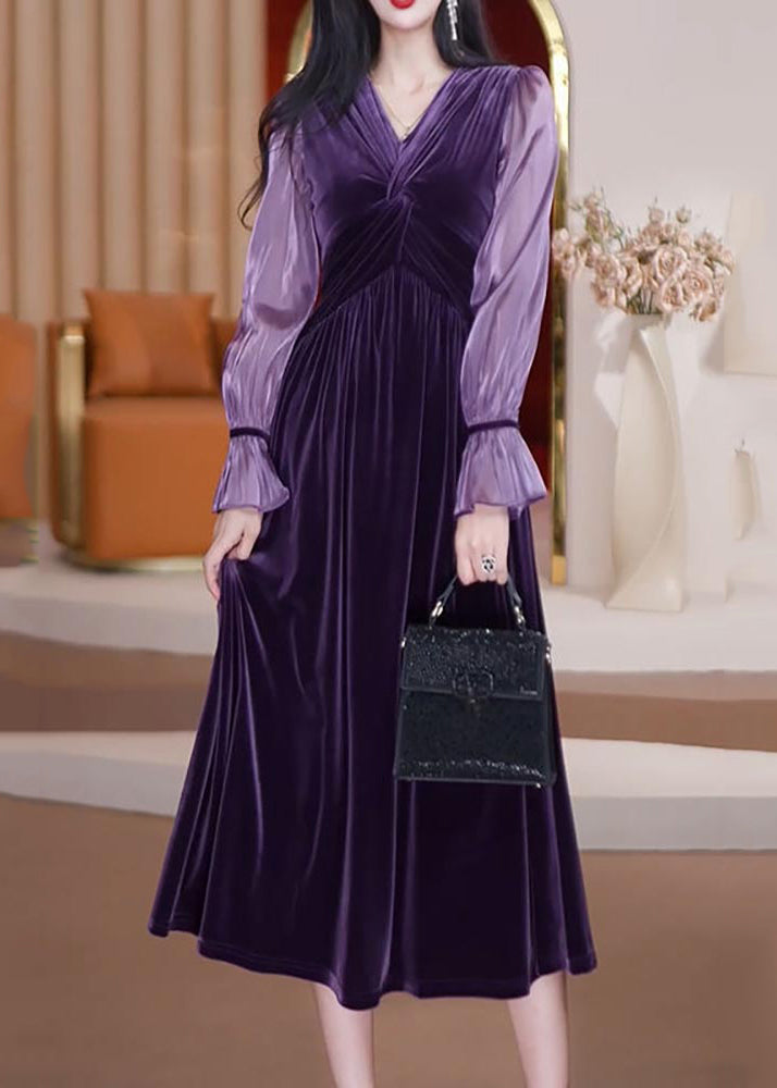 Bohemian Purple V Neck Patchwork Wrinkled Silk Velour Long Dresses Long Sleeve