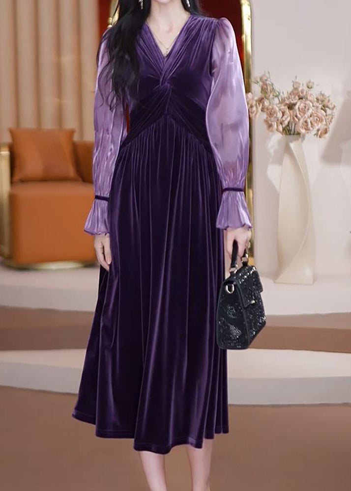 Bohemian Purple V Neck Patchwork Wrinkled Silk Velour Long Dresses Long Sleeve