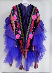 Bohemian Purple V Neck Tulle Patchwork Embroidered Knit Cape Long Sleeve