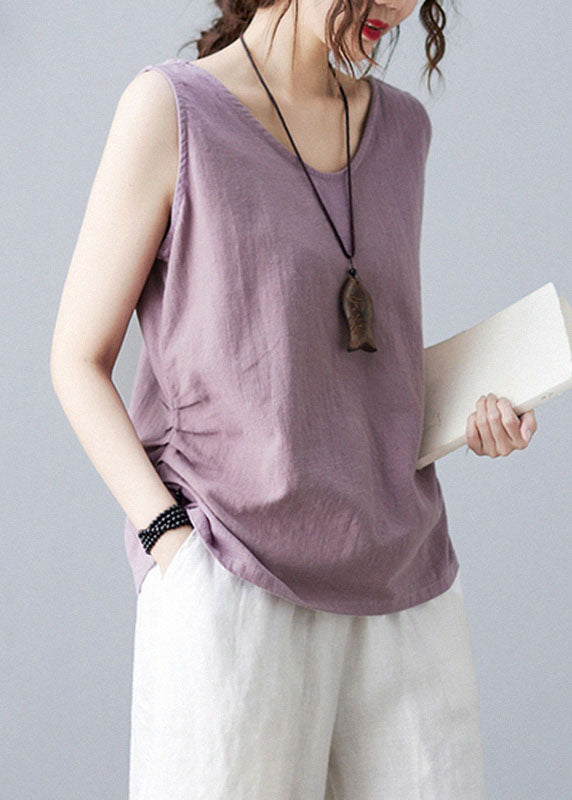 Bohemian Purple V Neck Wrinkled Solid Color Linen Vests Sleeveless