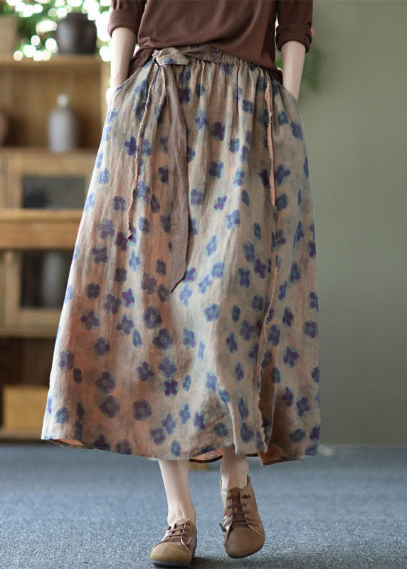 Bohemian Purple Wrinkled PocketsPrint Linen Skirt Summer
