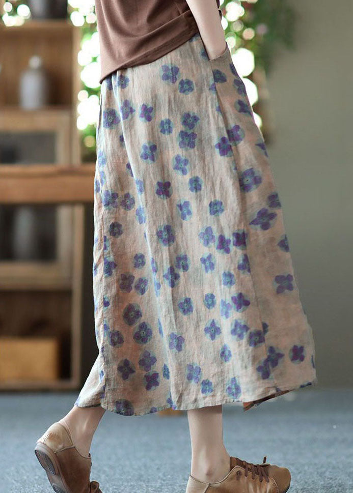 Bohemian Purple Wrinkled PocketsPrint Linen Skirt Summer