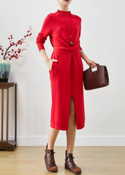 Bohemian Red Asymmetrical Side Open Silm Fit Knit Dresses Fall