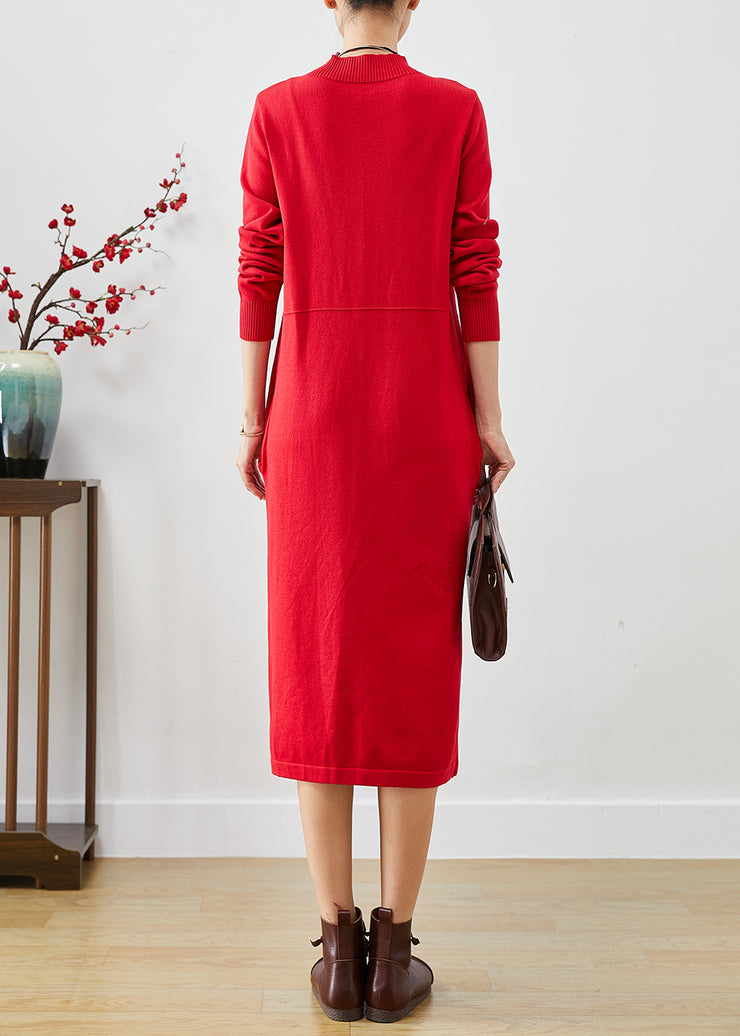 Bohemian Red Asymmetrical Side Open Silm Fit Knit Dresses Fall