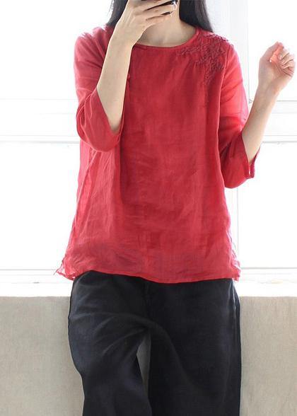 Bohemian Red Clothes For Women O Neck Half Sleeve Art  Shirts - SooLinen