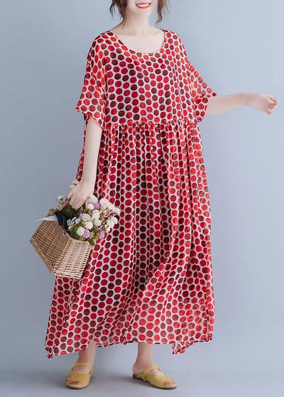 Bohemian Red Dotted O Neck Cinched Long Summer Dresses - SooLinen
