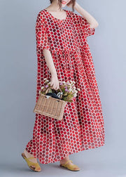 Bohemian Red Dotted O Neck Cinched Long Summer Dresses - SooLinen