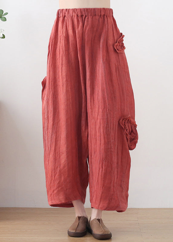 Bohemian Red Elastic Waist Pockets Linen Harem Pants Summer
