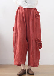 Bohemian Red Elastic Waist Pockets Linen Harem Pants Summer