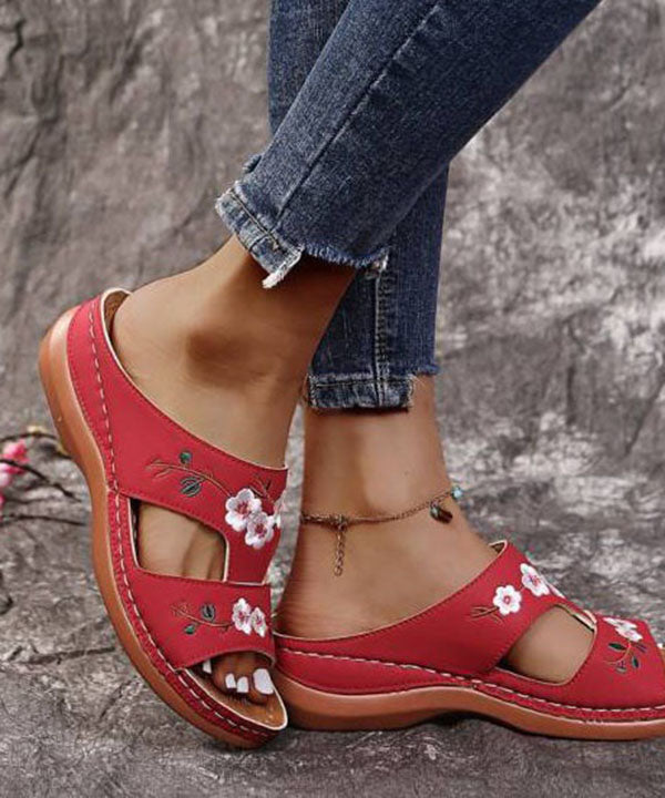 Bohemian Red Embroidered Faux Leather Splicing Wedge Slide Sandals