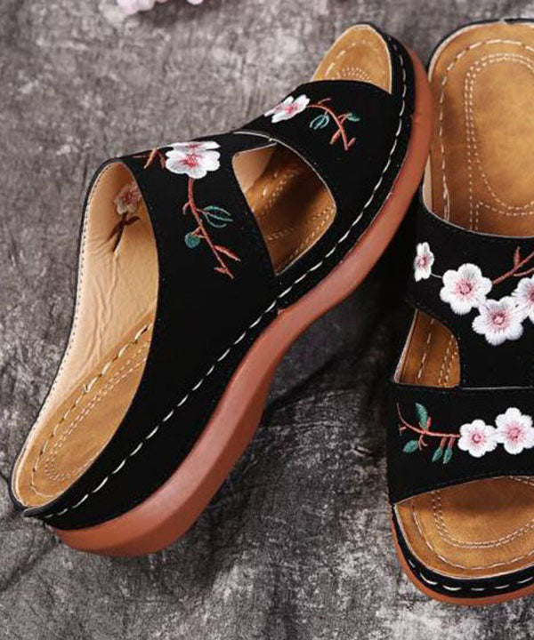 Bohemian Red Embroidered Faux Leather Splicing Wedge Slide Sandals