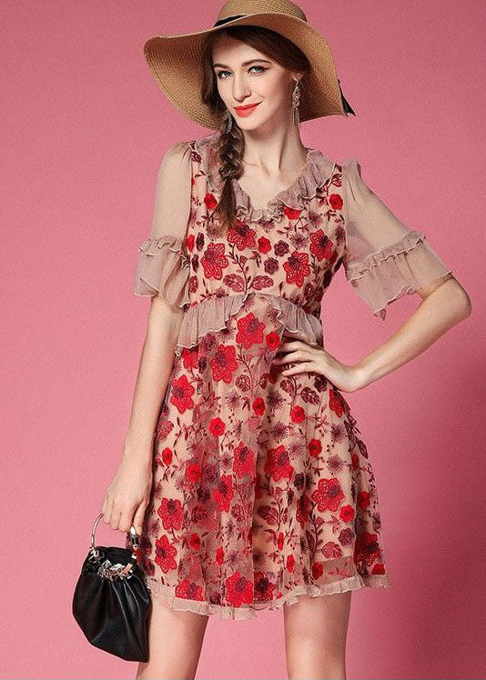 Bohemian Red Embroidered Patchwork Tulle Vacation Dress Short Sleeve