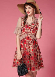 Bohemian Red Embroidered Patchwork Tulle Vacation Dress Short Sleeve