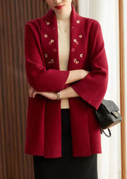 Bohemian Red Embroidered Pockets Patchwork Knit Cardigans Fall