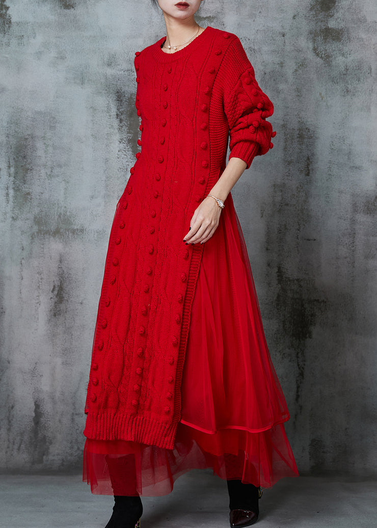 Bohemian Red Fuzzy Ball Decorated Knit Dress Two Piece Suit Set Spring