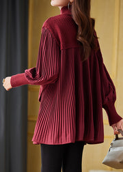 Bohemian Red High Neck Patchwork Knit Pleated Shirts Spring