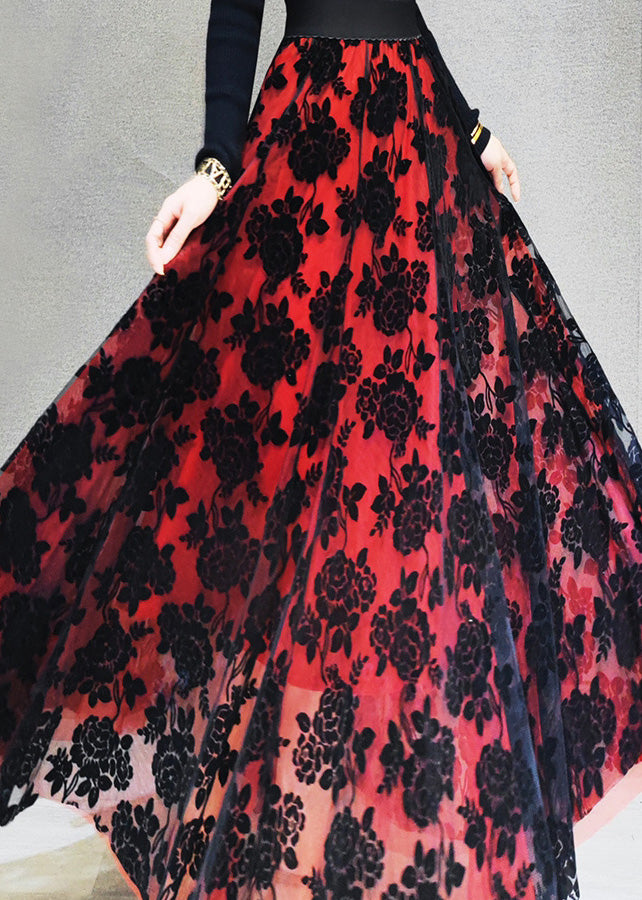 Bohemian Red High Waist Tulle A Line Skirt Spring