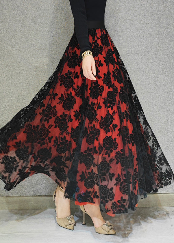 Bohemian Red High Waist Tulle A Line Skirt Spring