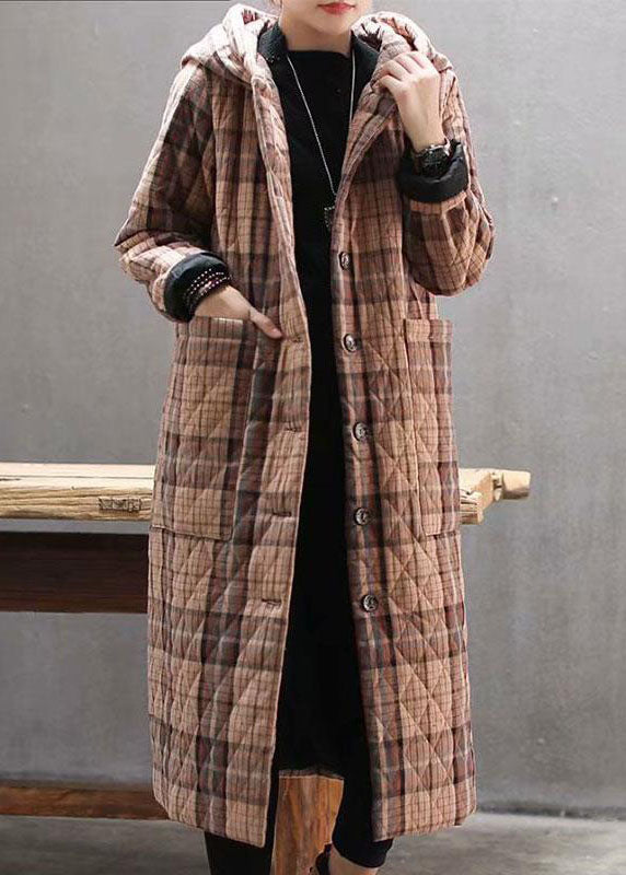 Bohemian Red Hooded Plaid Pockets Fine Cotton Filled Long Coat Outwear Winter