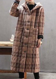 Bohemian Red Hooded Plaid Pockets Fine Cotton Filled Long Coat Outwear Winter