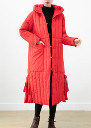Bohemian Red Hooded Pockets Fine Cotton Filled Puffer Jacket Winter
