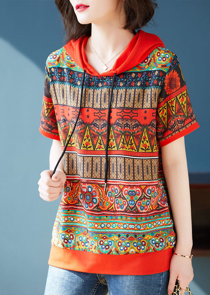 Bohemian Red Hooded Print Patchwork Chiffon T Shirts Tops Summer